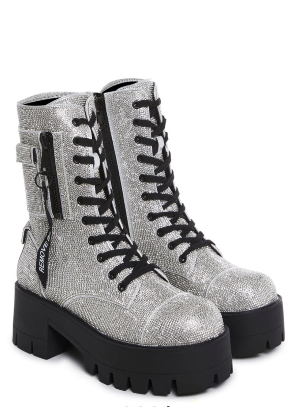 Demonia EMILY-362 Silver Rhinestone Platform Combat Boots NWT